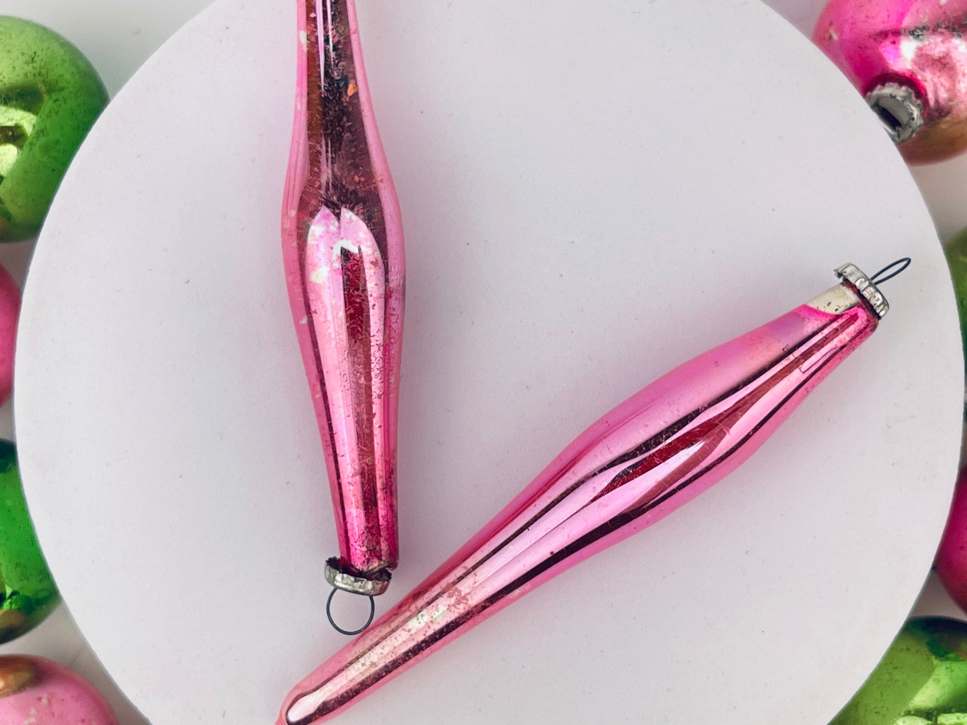 Product image for 'vintage mini pink green glass christmas ornaments set of 14 round icicle 1950s' (view c8cac7)