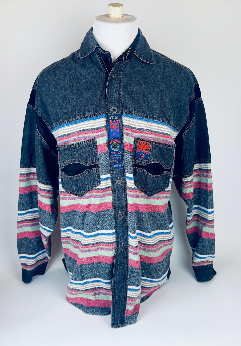 Product image for 'vintage oversized denim striped shirt size m fits l made in hong kong' (view c790cf)