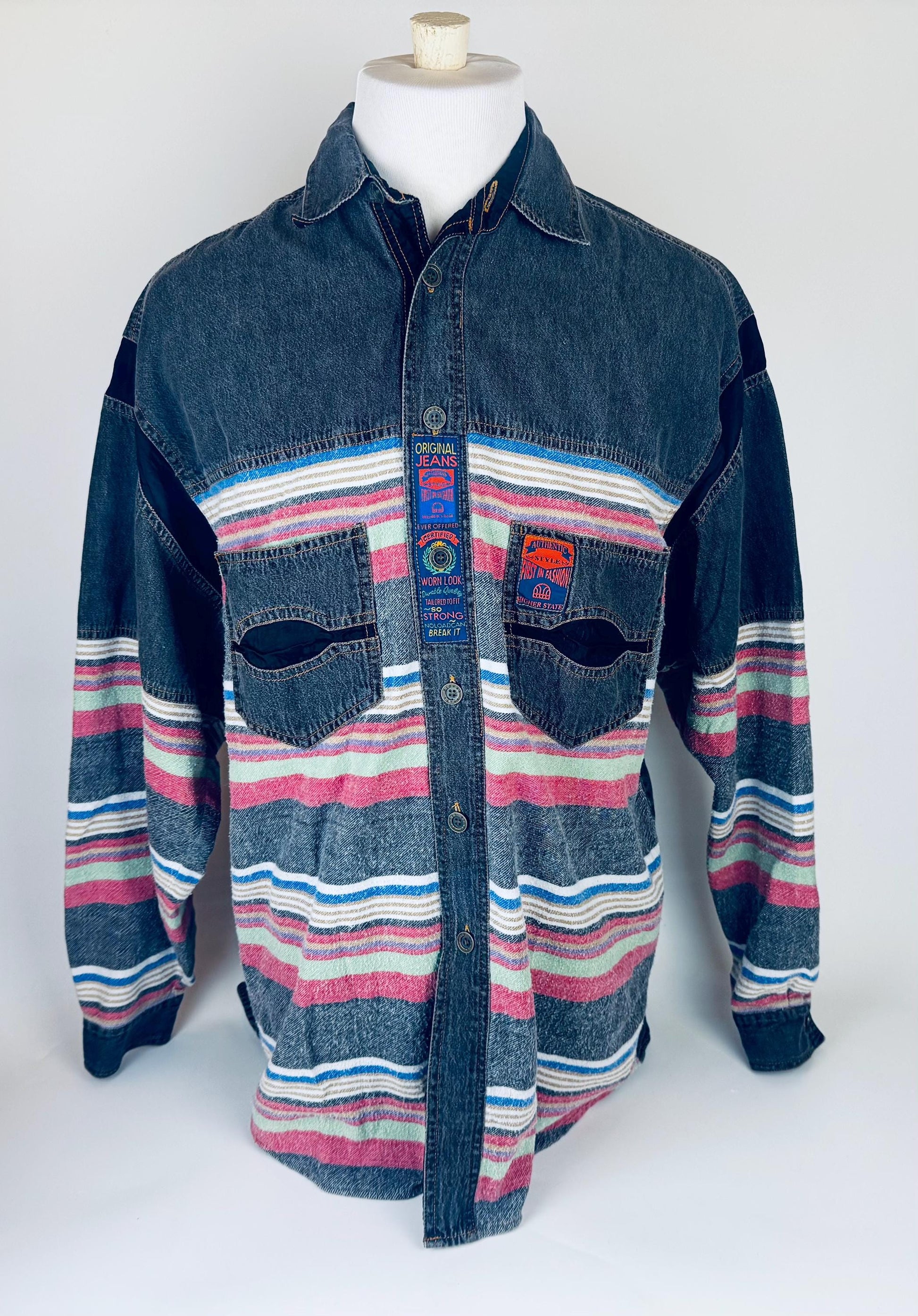 Product image for 'vintage oversized denim striped shirt size m fits l made in hong kong' (view c790cf)