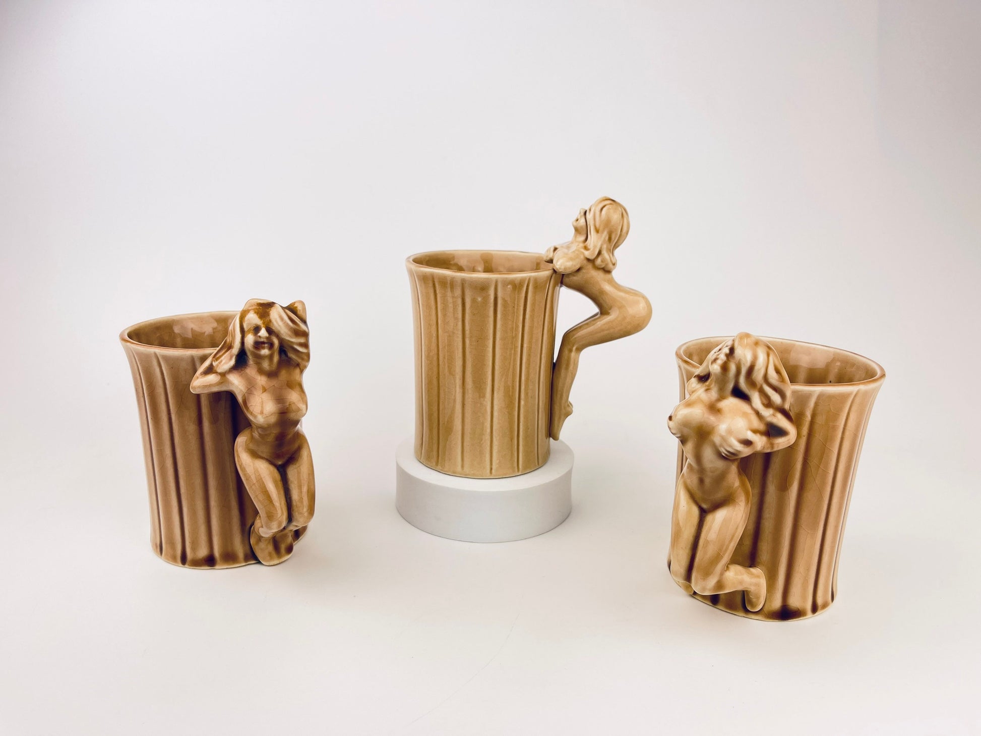 Product image for 'vintage risque nude woman striped brown ceramic mug shafford japan sold individually groomsmen barware gift' (view 5c8b54)