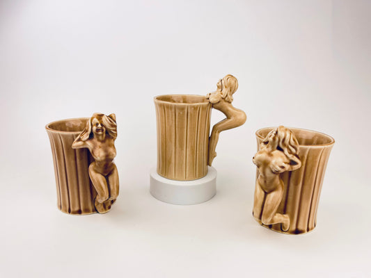 Product image for 'vintage risque nude woman striped brown ceramic mug shafford japan sold individually groomsmen barware gift' (view 5c8b54)