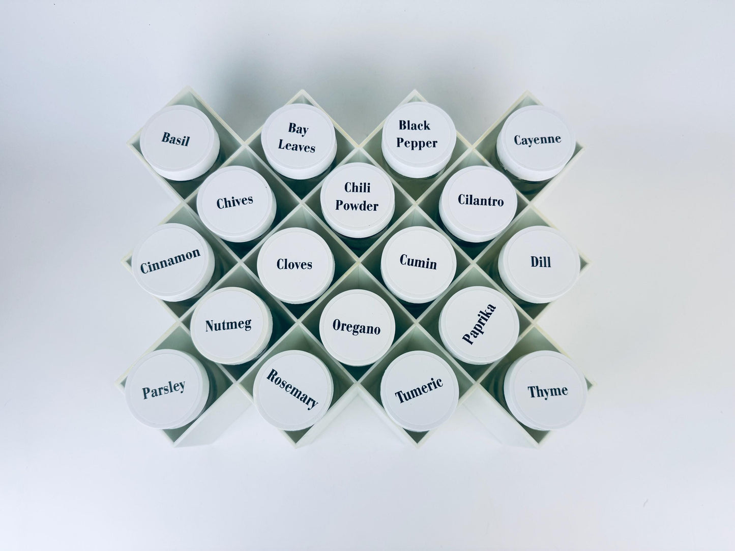 Product image for 'vintage white plastic copco modular wall spice rack designed by lubge randel set of eighteen 18' (view f309b5)