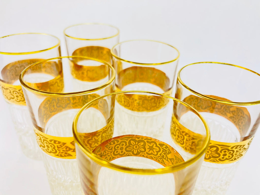 Product image for 'vintage heavy crystal gold highball water tumblers flower gold band with gold rimmed top set of six 6' (view 86c94b)