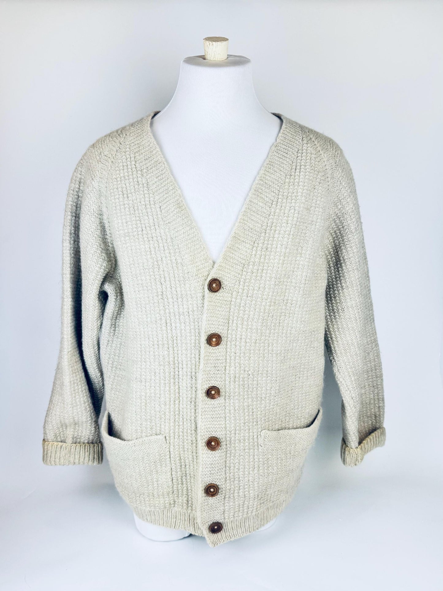 Product image for 'vintage beige waffle knit wool cardigan timeless texture wooden buttons' (view 9737b7)