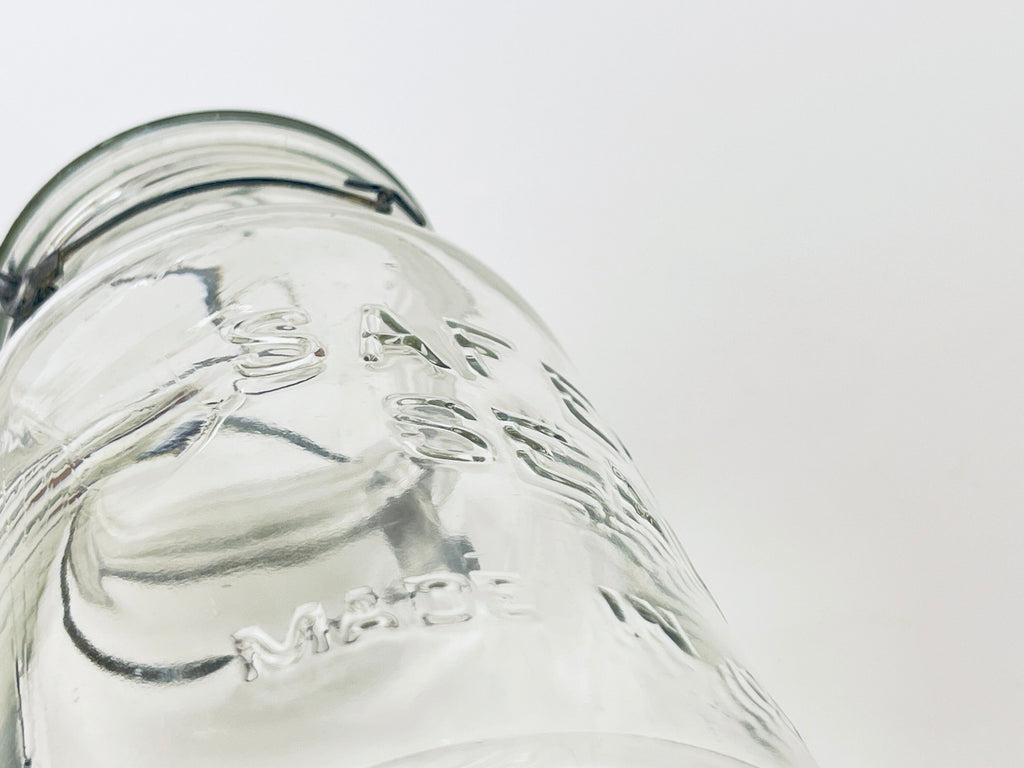 Product image for 'antique safety seal wide mouth glass jar 2 pint capacity metal hinge clasp aka lightning jar made in canada farmhouse decor' (view f21436)
