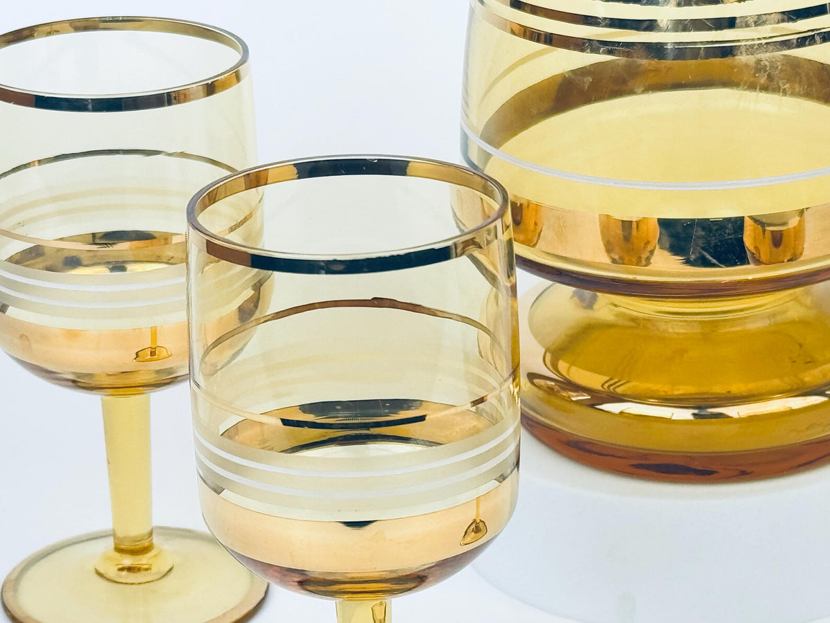 Product image for 'vintage amber gold striped glass barware set decanter stemmed glasses bohemia crystal made in czechoslovakia barware gift' (view d0b352)