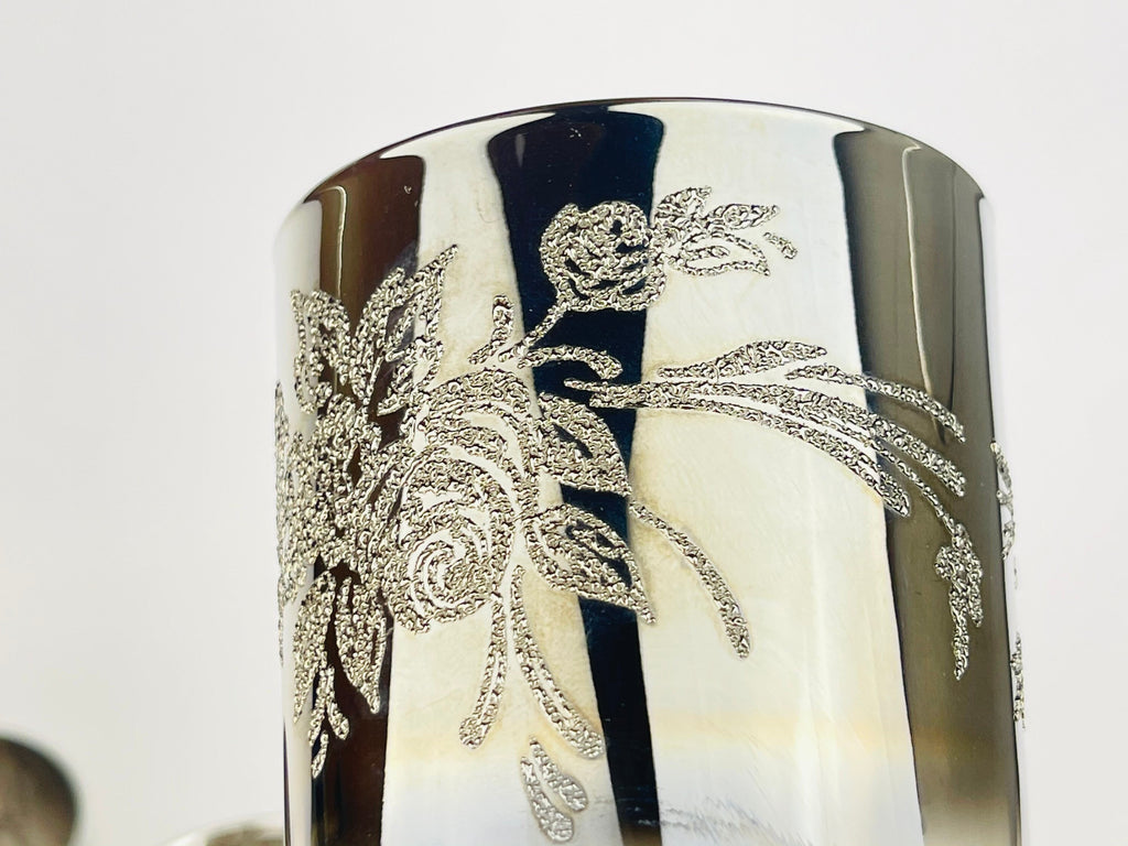 Product image for 'vintage dorothy thorpe silver ombre fade highball glass set rose flower embossed top metal chrome caddy set of six 6' (view 8b71e6)