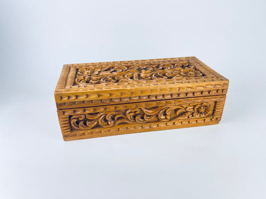 Product image for 'vintage ornate carved wood floral jewellery box velvet fabric lined gift for her' (view b71e6f)