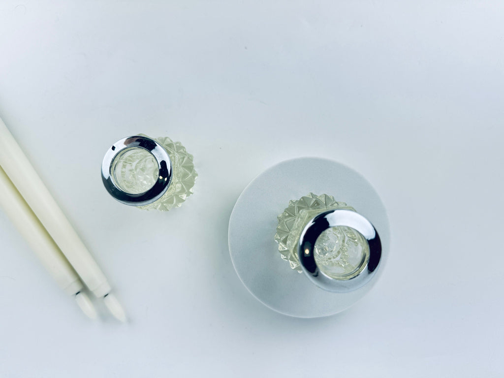 Product image for 'vintage diamond cut crystal candlestick holders with silver rims set of 2' (view 7ab058)
