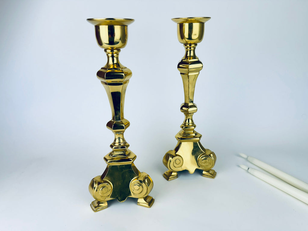 Product image for 'vintage hollywood regency tall solid cast brass candle stick holders set of two 2 attractive aged metal patina' (view 3e7fb6)