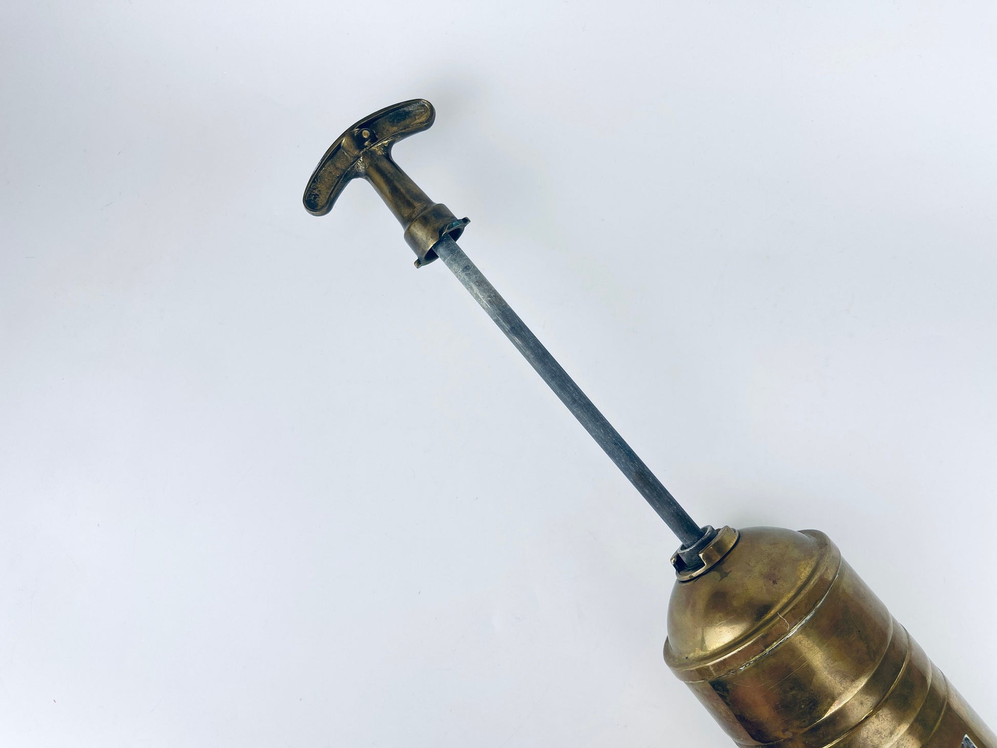 Product image for 'vintage antique brass pump fire extinguisher attractive aged metal patina' (view b31727)
