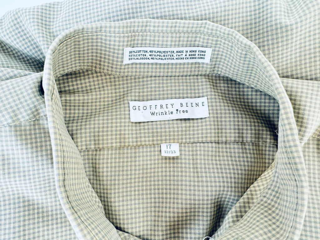 Product image for 'vintage geoffrey beene long sleeve button down green grey gingham shirt size 17 32 33 large made in hong kong' (view 8bb24c)
