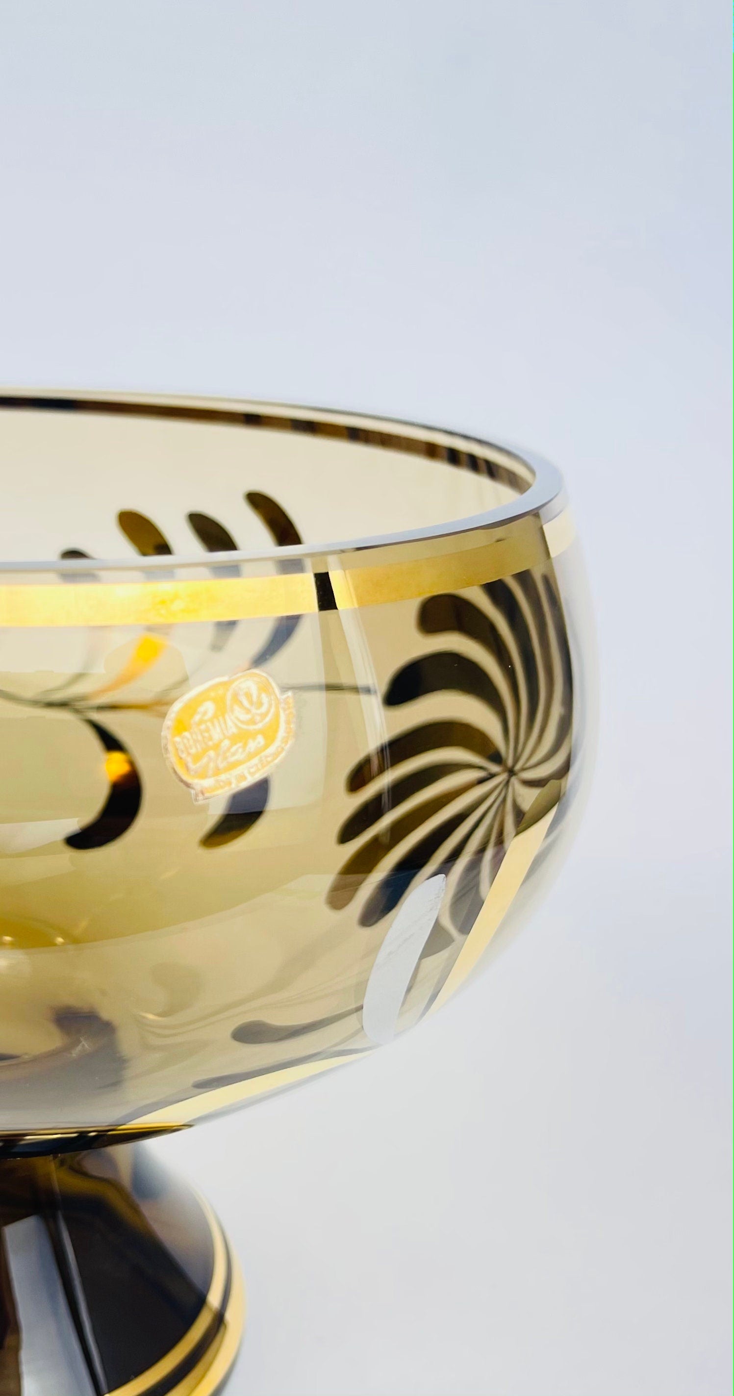 Product image for 'vintage bohemian footed glass compote bowl smokey gold art glass with floral motif made in czechoslovakia' (view f9f882)