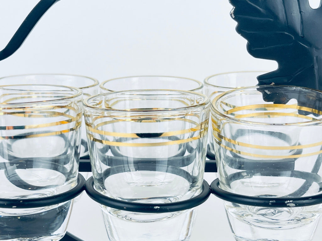 Product image for 'vintage gold striped clear shot glass barware set black metal leaf carrier' (view bceca1)