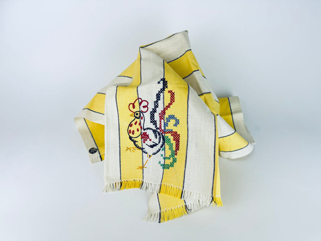 Product image for 'vintage yellow blue beige striped linen tea towel embroidered rooster front made in poland new old stock nos' (view 9021c2)