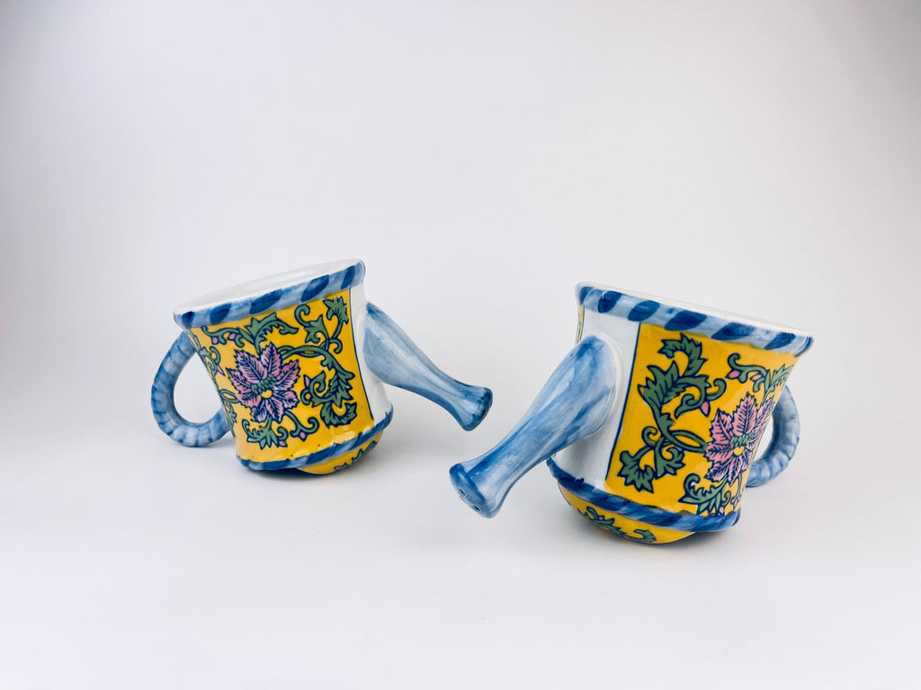 Product image for 'vintage hand painted blue yellow floral print ceramic watering can pot with handle rope handle bella case by ganz sold separately' (view ef1970)