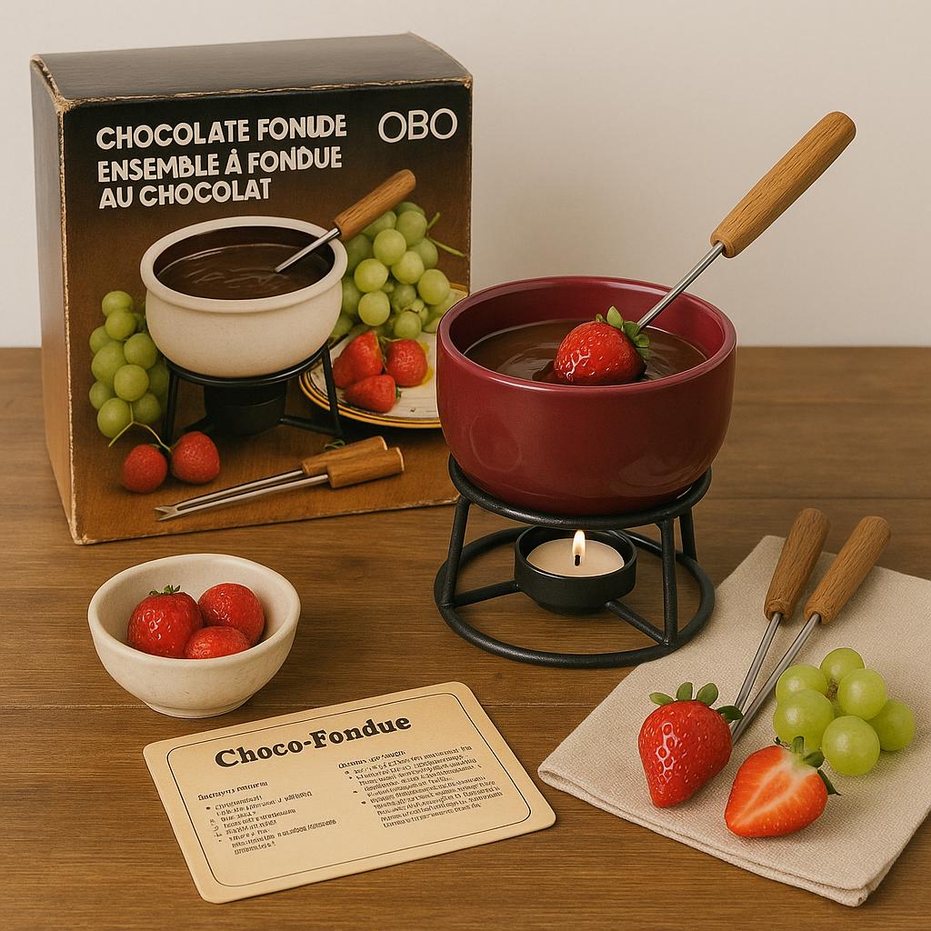 Product image for 'vintage obo cranberry ceramic chocolate fondue set new old stock nos' (view 0a1c77)