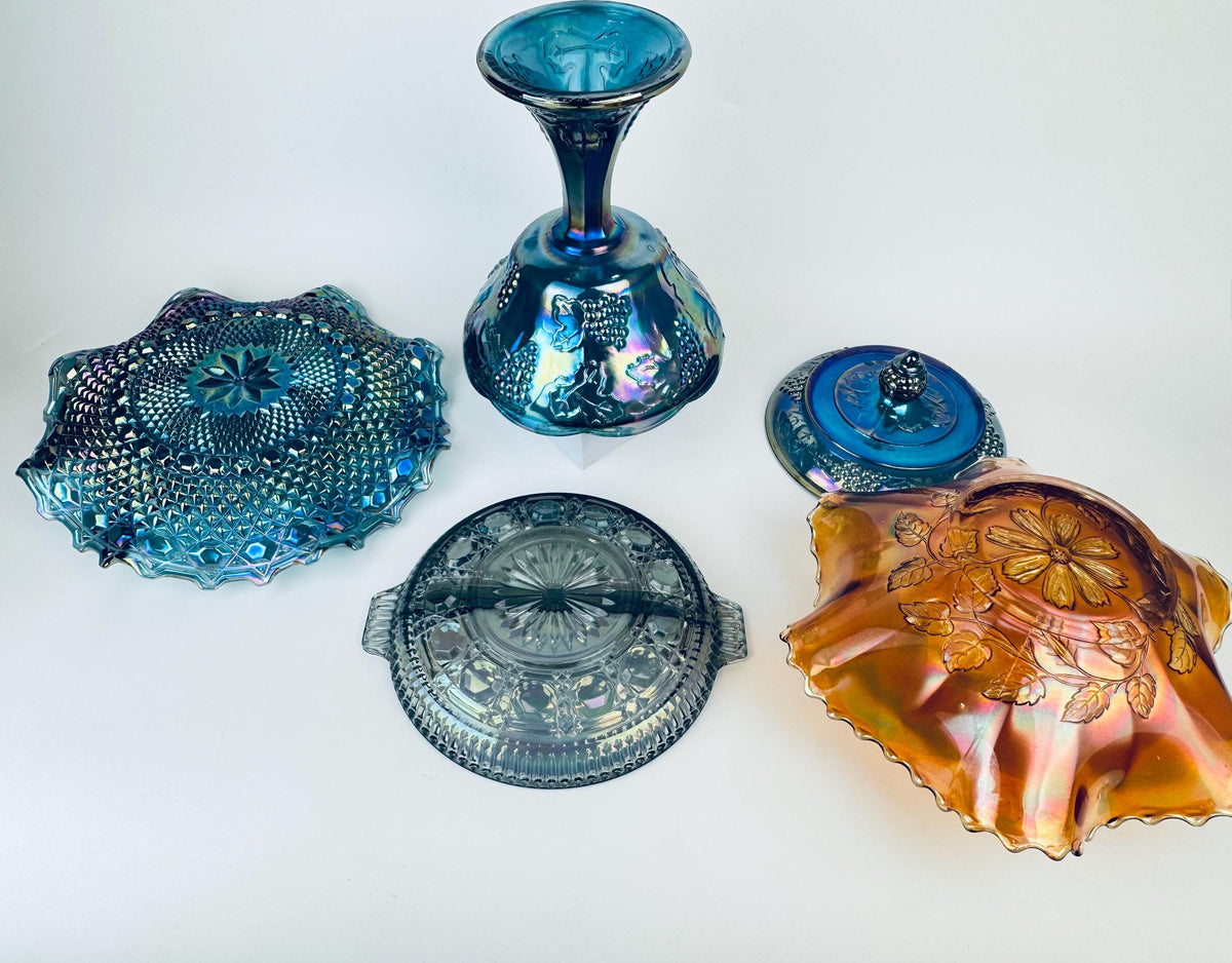 Product image for 'vintage collectible carnival glass peacock blue marigold smoke grey colour sold separately' (view ee24f5)