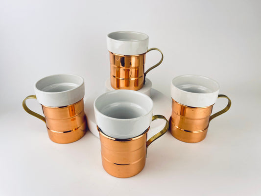 Product image for 'vintage baker hart stuart ceramic hot toddy mug glasses removable copper brass holder set of four 4 attractive aged brass patina' (view fb848c)