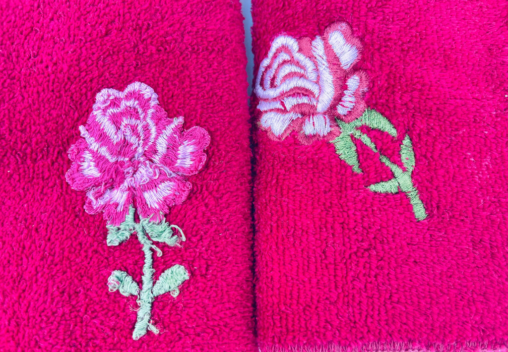 Product image for 'vintage sears bathmates hand face towel embroidered maroon floral set of two 2 cotton polyester blend made in canada' (view a41683)