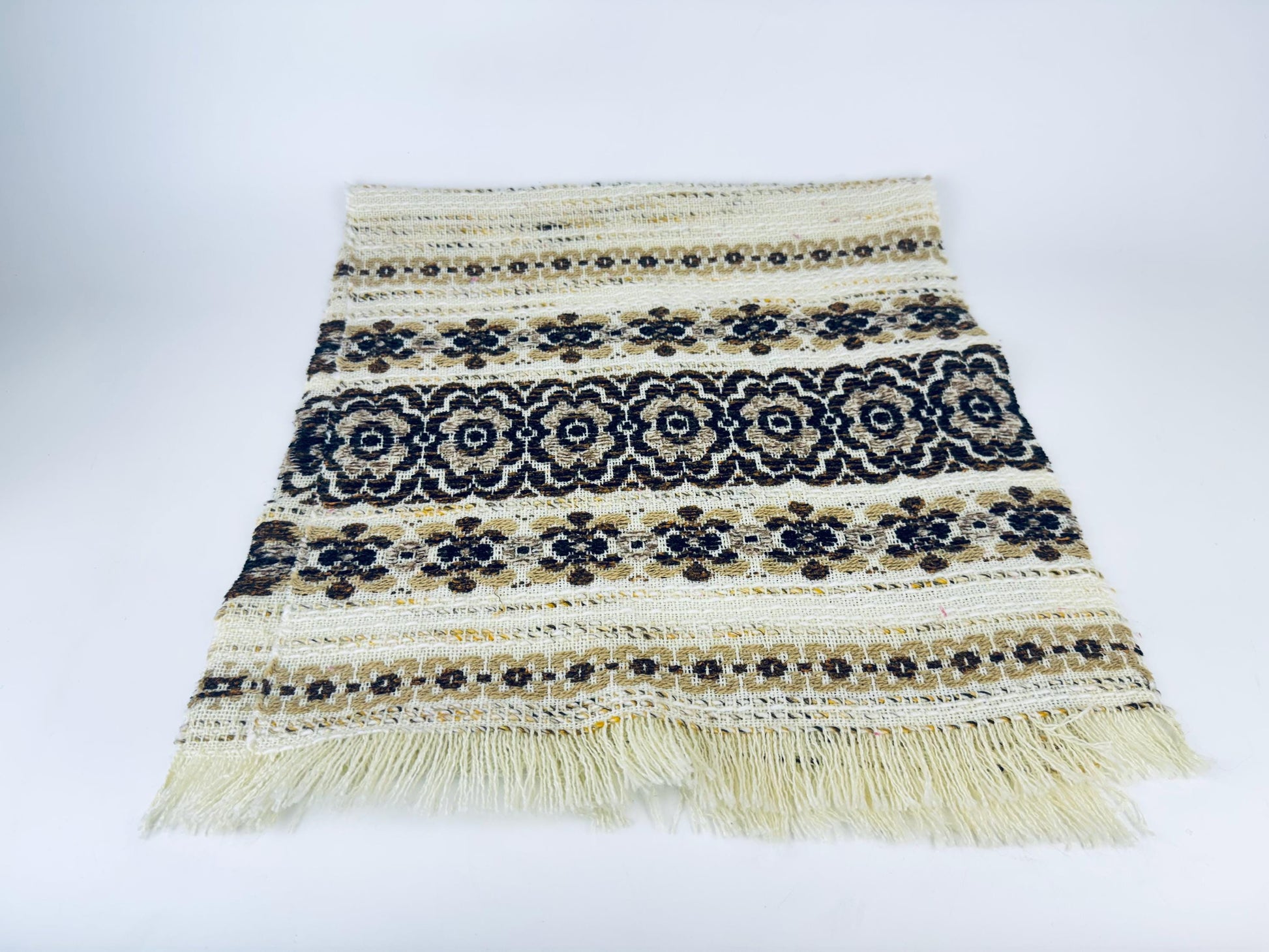 Product image for 'vintage 1970s beige brown floral woven table runner boho loomed textile with fringe ends 14 x 32' (view 7dc8f8)