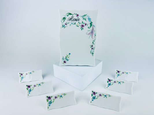 Product image for 'vintage white ceramic floral detail menu item label set wedding dinner party tablescape decor set of seven 7 made in japan' (view 4002a4)