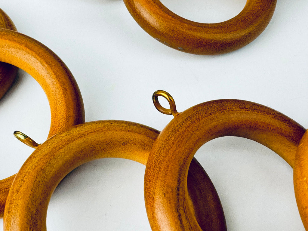 Product image for 'vintage macrame curtain wood metal ring holders set of twelve 12 two sizes available sets sold separately' (view a5165d)