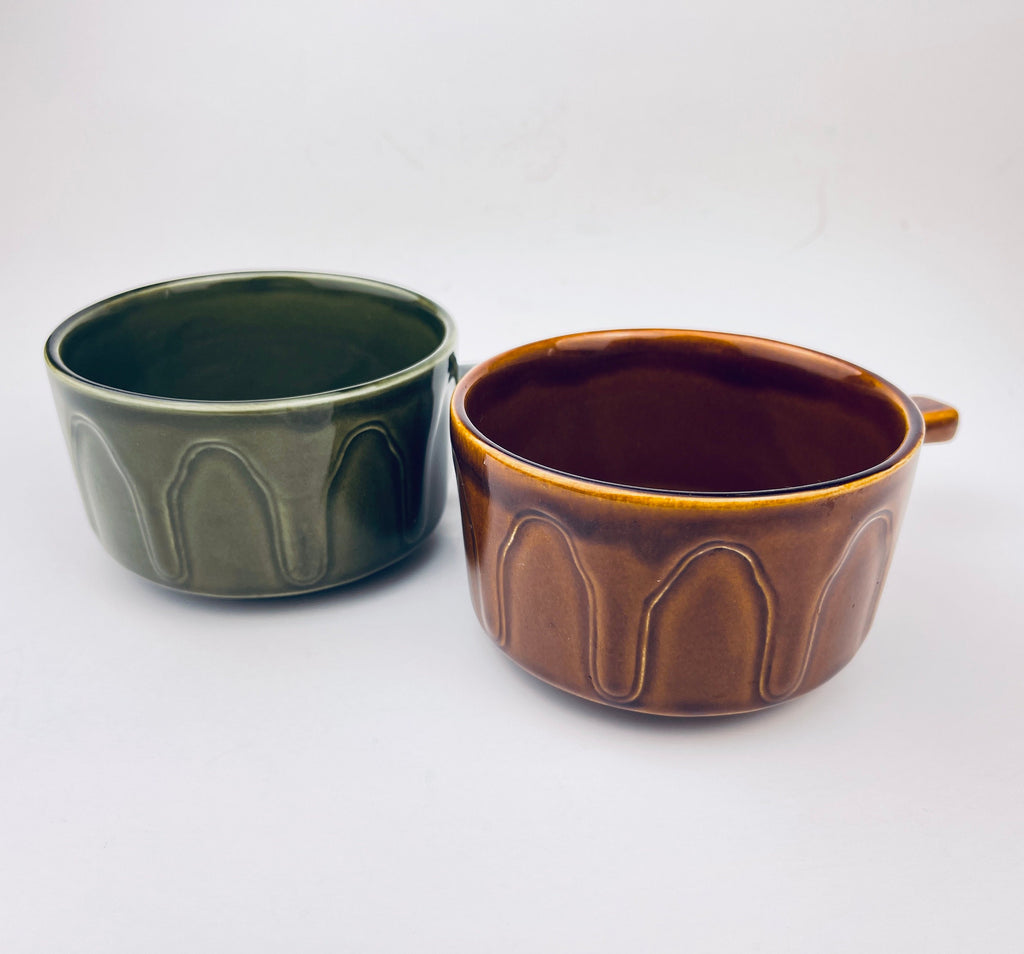 Product image for 'vintage english handled green brown drip glazed ceramic soup bowls set of two 2' (view cf053f)