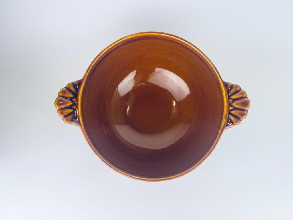 Product image for 'vintage bobby flay cognac brown scalloped handled ceramic glazed bowl made in portugal' (view f7cdb0)