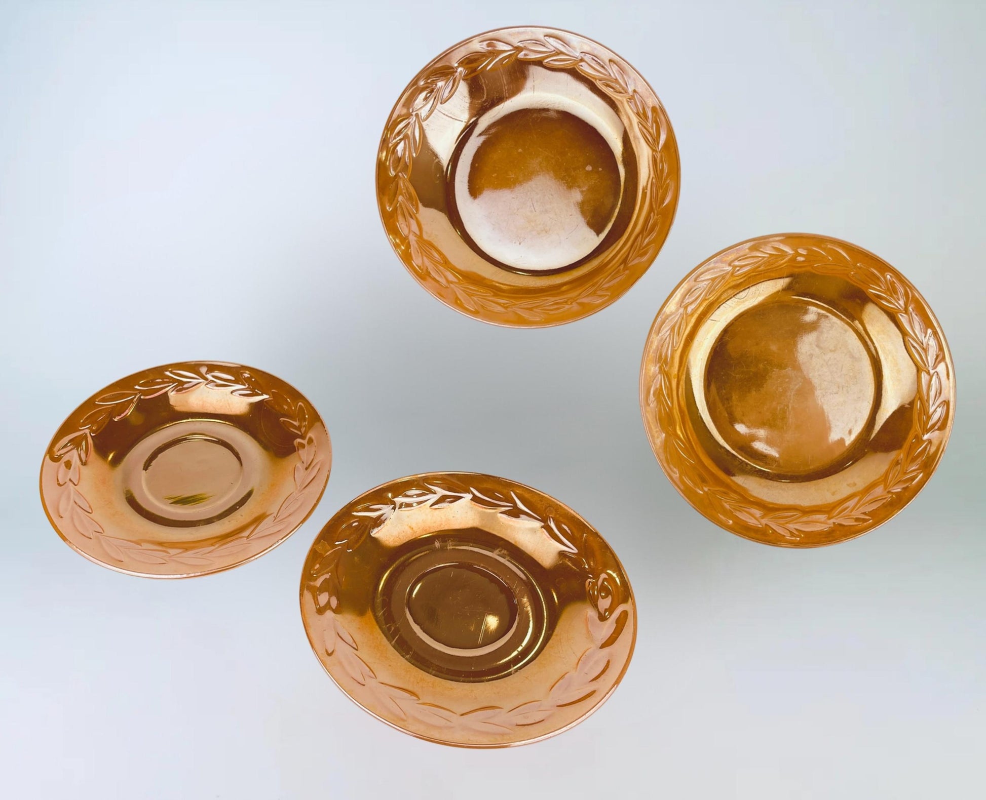 Product image for 'vintage peach lustreware laurel leaf replacement bowls saucer plates set of two 2 fire king made in usa sets sold separately' (view dfe0e3)