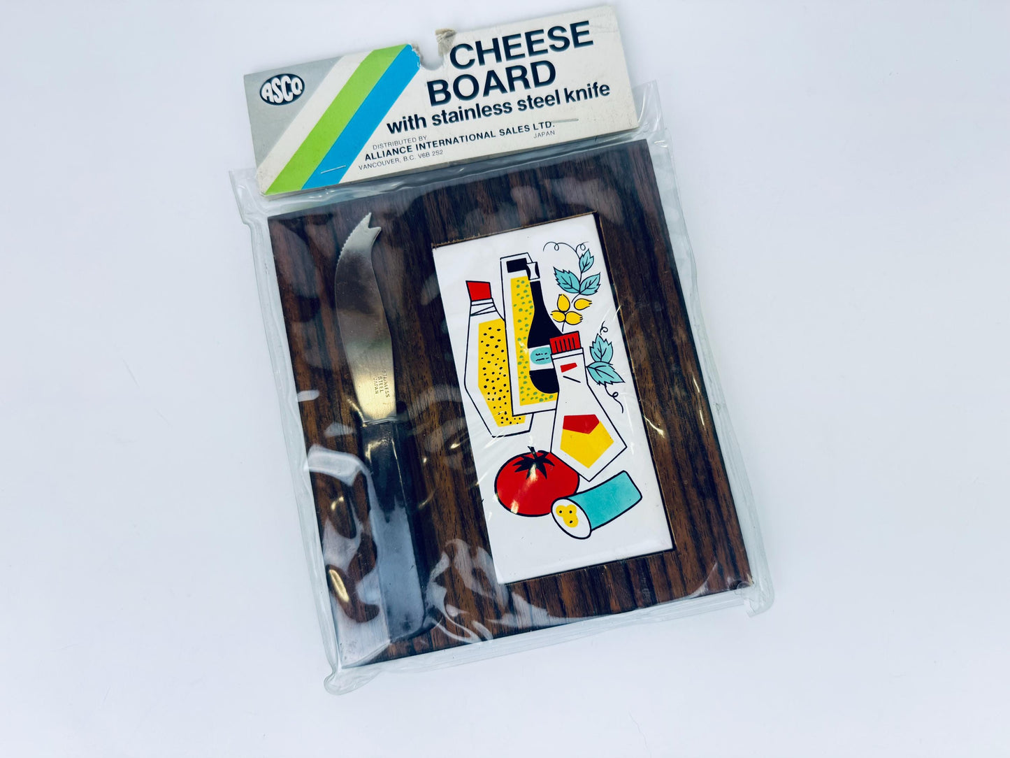 Product image for 'vintage 1970s mid century modern wood tile cheese board with stainless steel knife japan charcuterie serving tray' (view 623e7a)