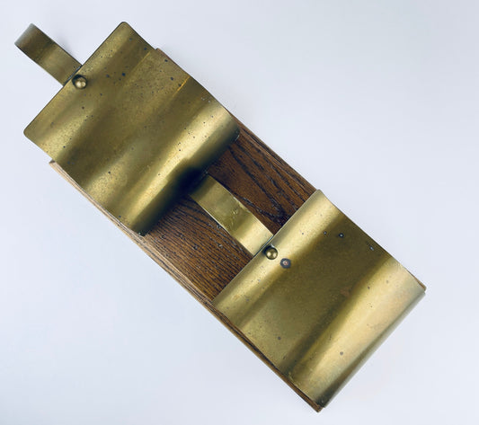 Product image for 'vintage oak wood brass wall mounted shelf organizer two large compartments attractive aged metal patina' (view 4089af)