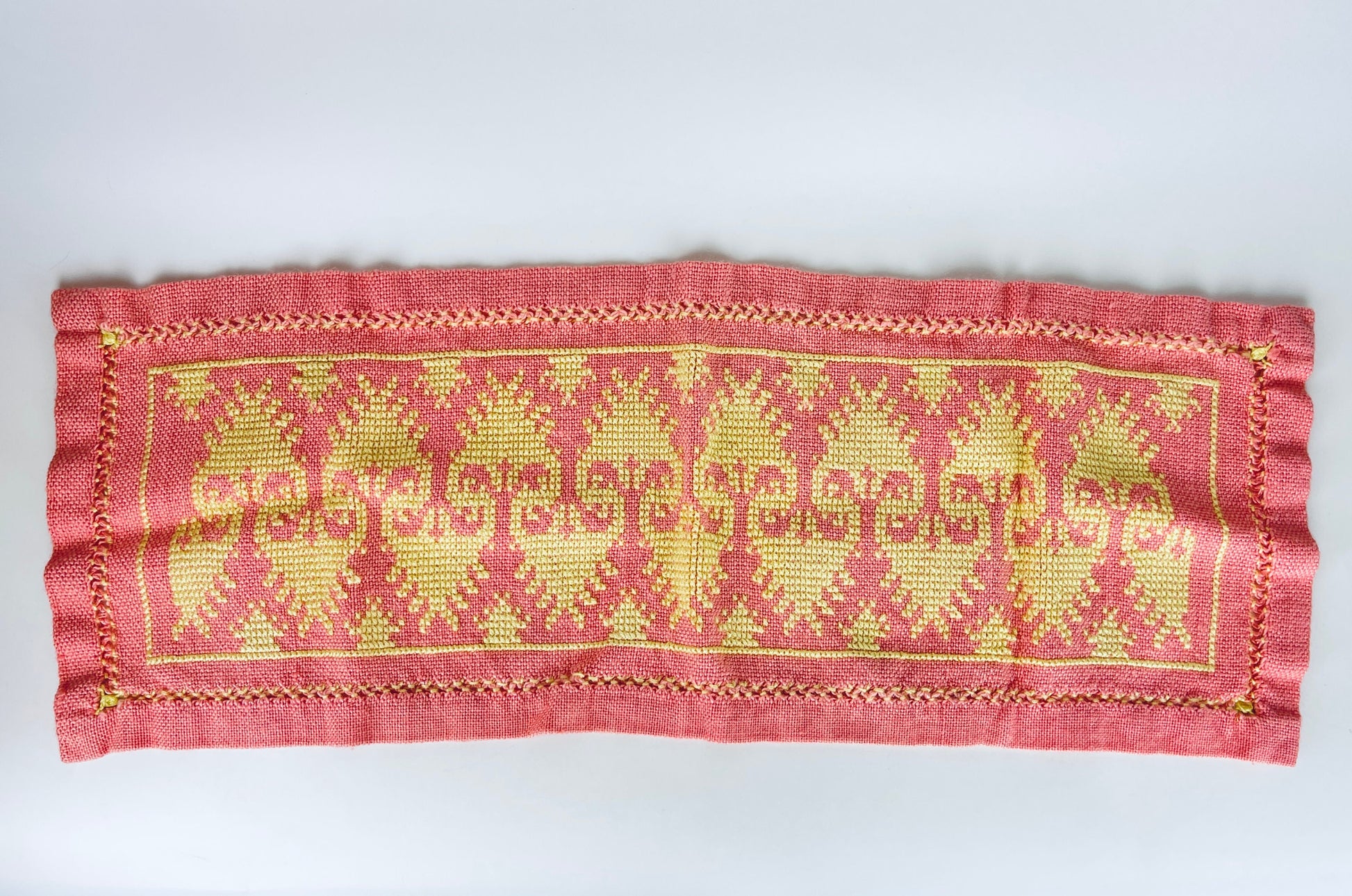 Product image for 'vintage pink yellow hand embroidered rectangular table runner geometric pattern' (view a47fee)