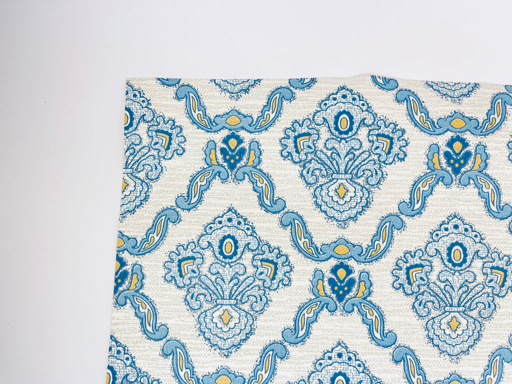 Product image for 'vintage 1970s blue beige damask wallpaper lightly textured 21 x 55 ideal for crafts upcycling' (view fa1715)