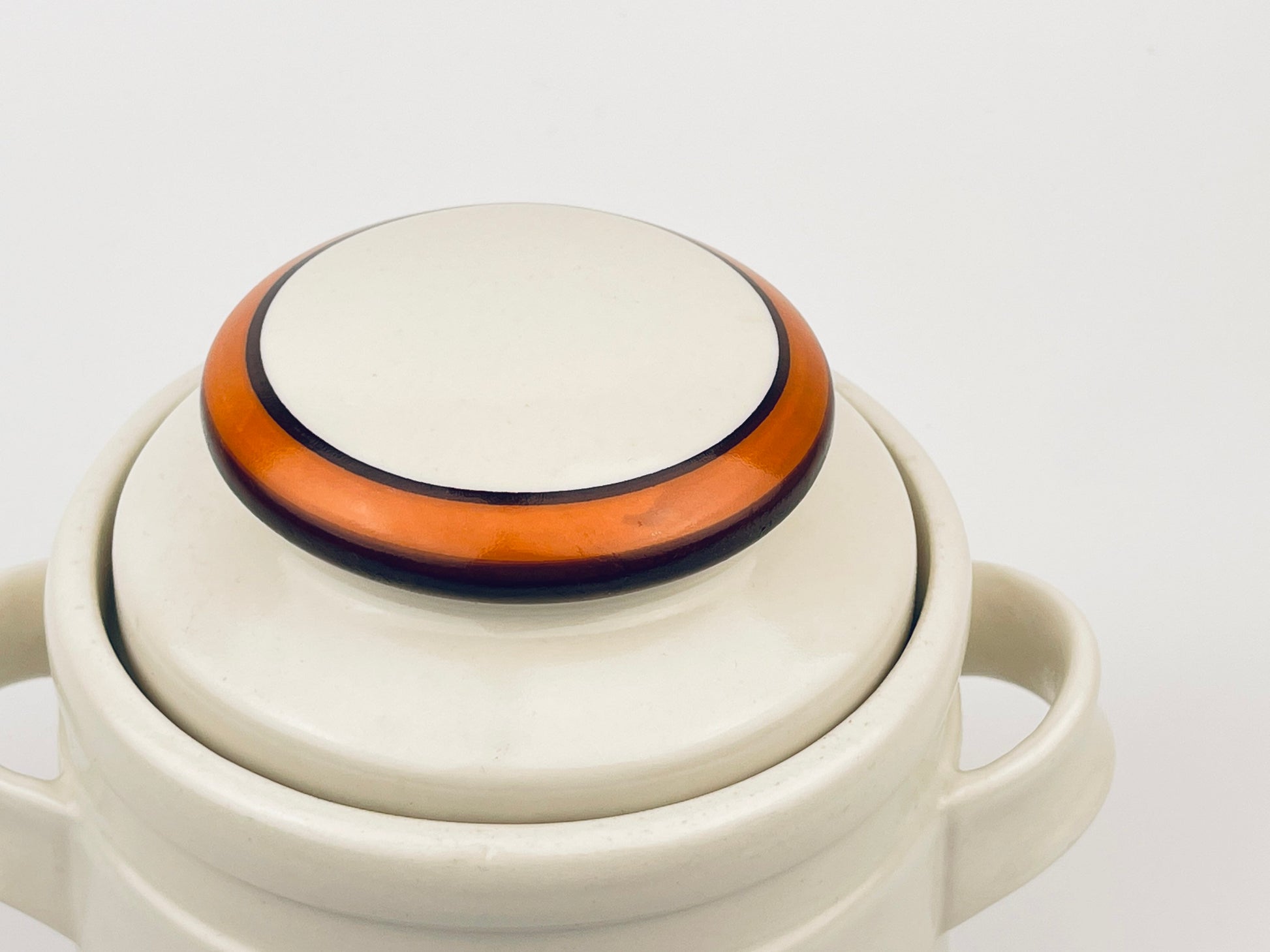 Product image for 'vintage california pottery ceramic lidded jar orange brown striped made in usa' (view d0cb3f)