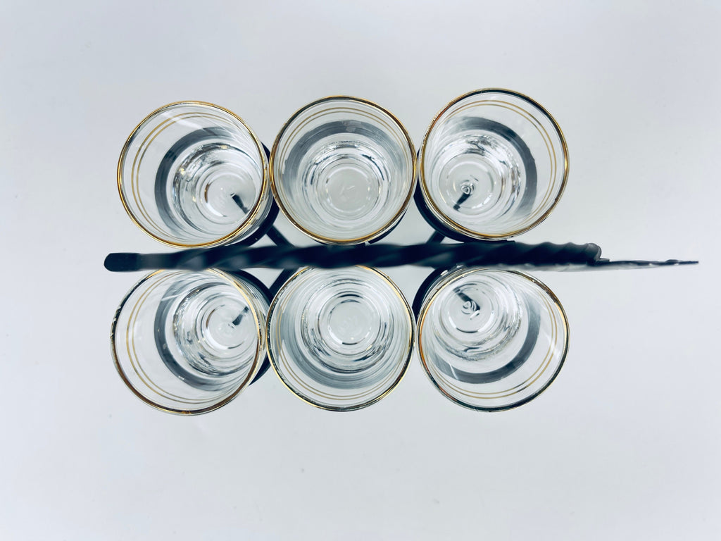Product image for 'vintage gold striped clear shot glass barware set black metal leaf carrier' (view ec9030)