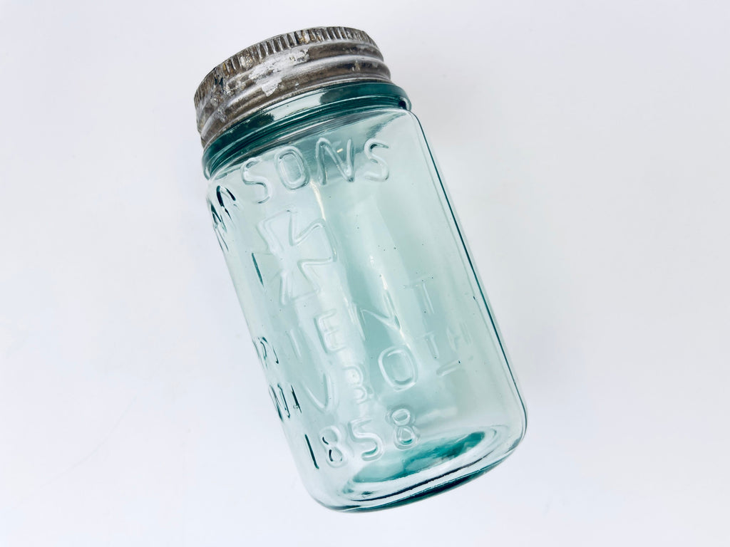 Product image for 'antique mason s aqua blue glass jar 1858 patent with presto lid good housekeeping seal' (view 8bf00f)
