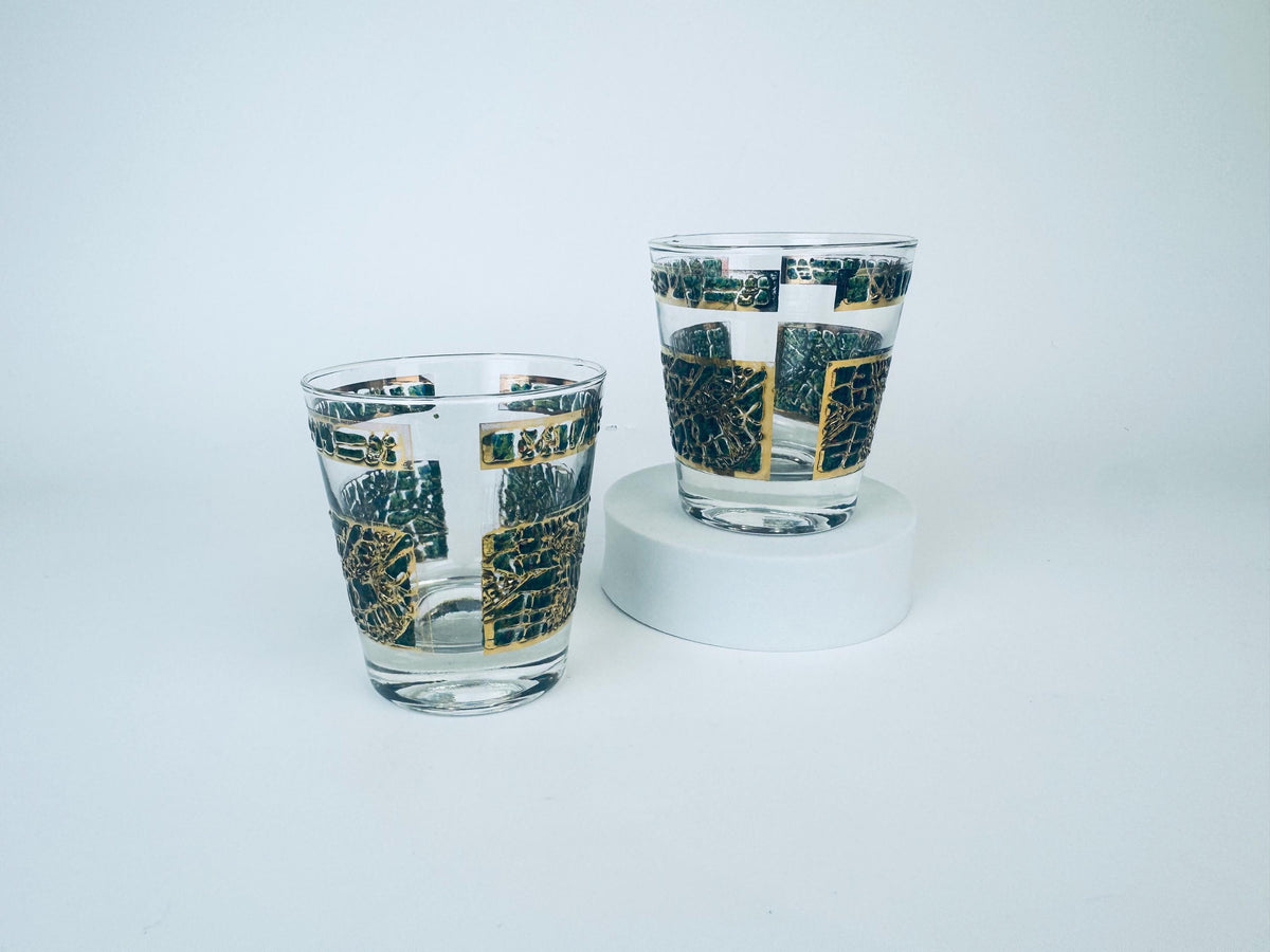 Product image for 'vintage gold green pattern lowball whiskey glasses dominion glass company set of two 2' (view cdc2c9)