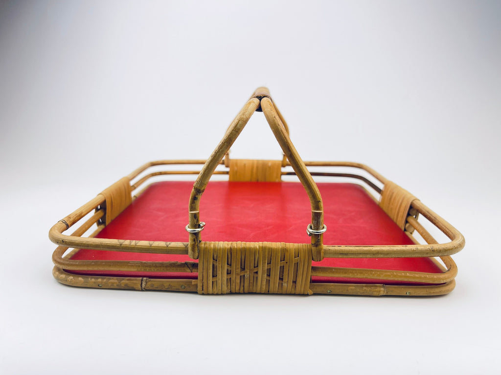 Product image for 'vintage bamboo wicker serving tray with bold red base' (view f9341c)