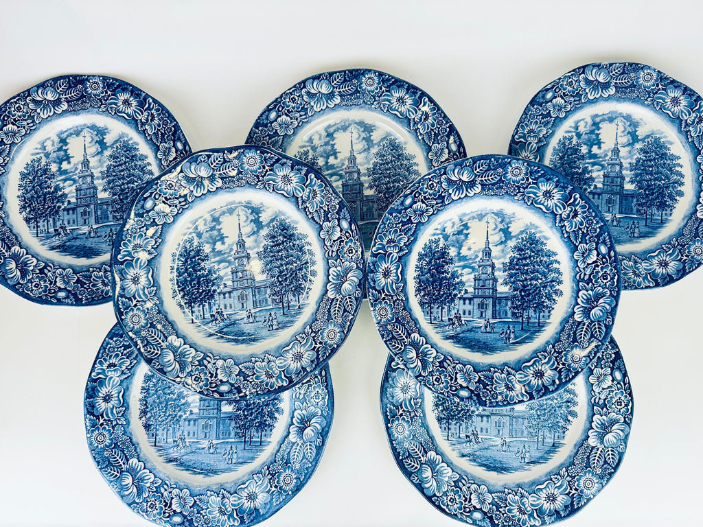 Product image for 'vintage liberty blue staffordshire ironstone 9 75 replacement plates independence hall pattern made in england sold individually' (view 2640c1)
