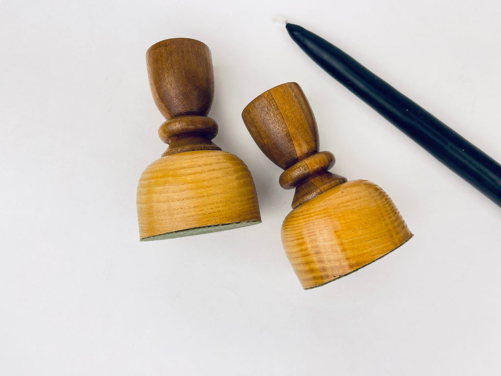 Product image for 'vintage 1970s wooden hourglass candlestick holders set of 2' (view db5544)