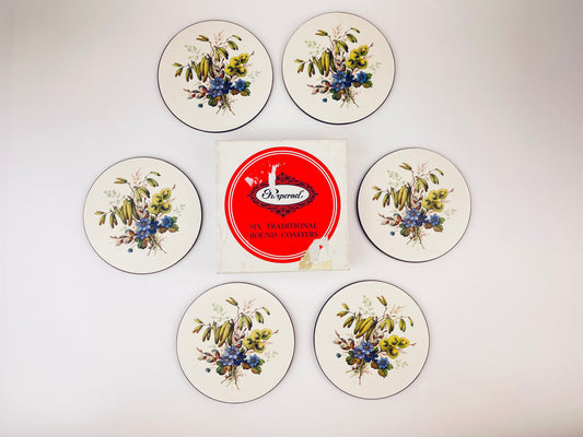 Product image for 'vintage pimpernel round coasters spring bouquet pattern set of six 6 acrylic top cork bottom' (view ca3291)