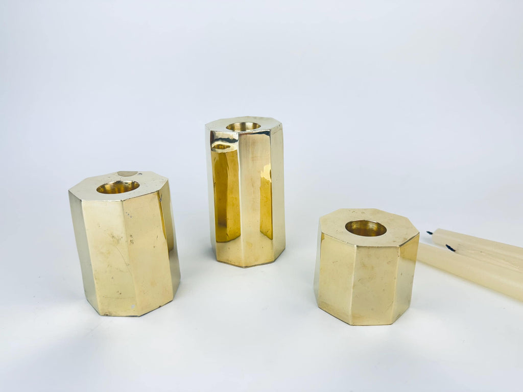 Product image for 'vintage hexagonal solid brass candle stick holders set of three 3' (view 4cb59f)