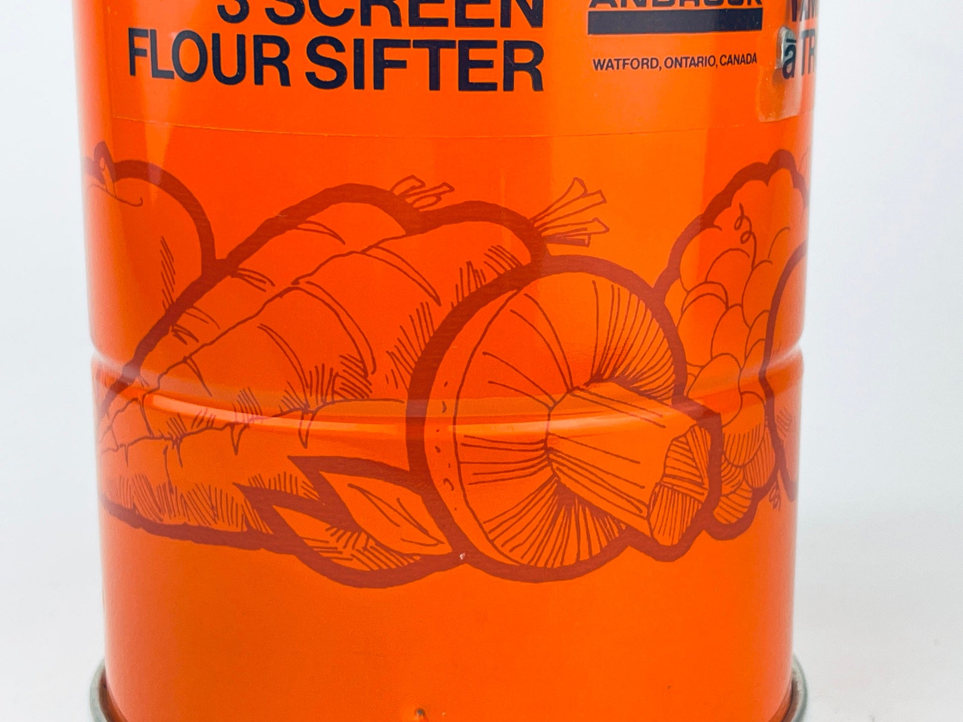 Product image for 'vintage orange metal flour sifter merry mushroom veggie pattern three 3 screen layers new old stock nos' (view fedea8)