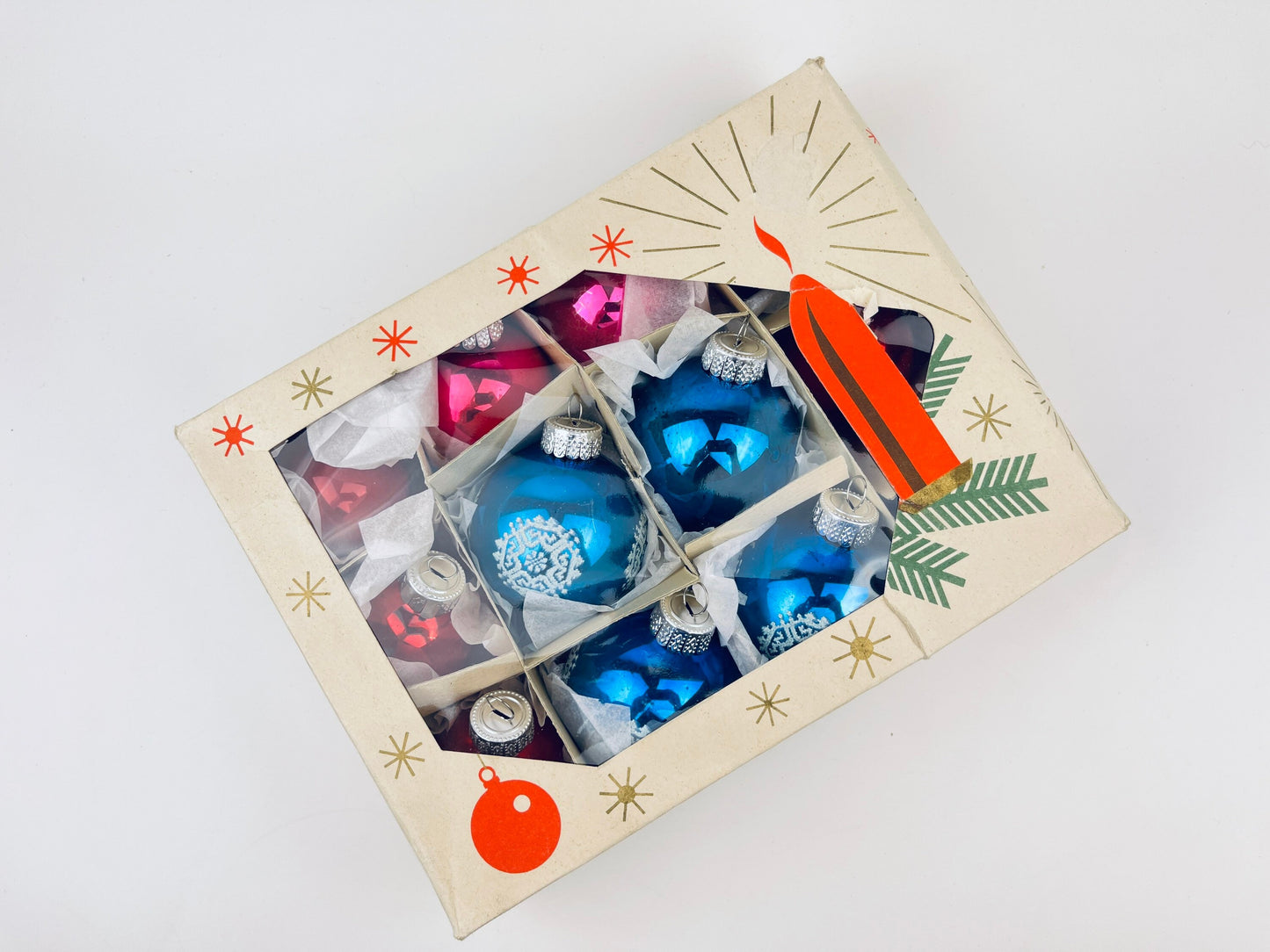 Product image for 'vintage shiny red blue pink glass christmas ornaments set of twelve 12 made in eastern germany' (view 0b8d13)