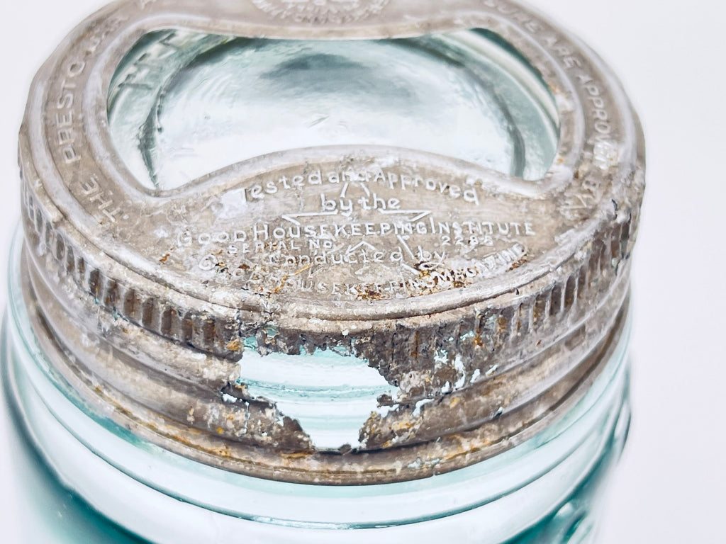 Product image for 'antique mason s aqua blue glass jar 1858 patent with presto lid good housekeeping seal' (view ed38ad)
