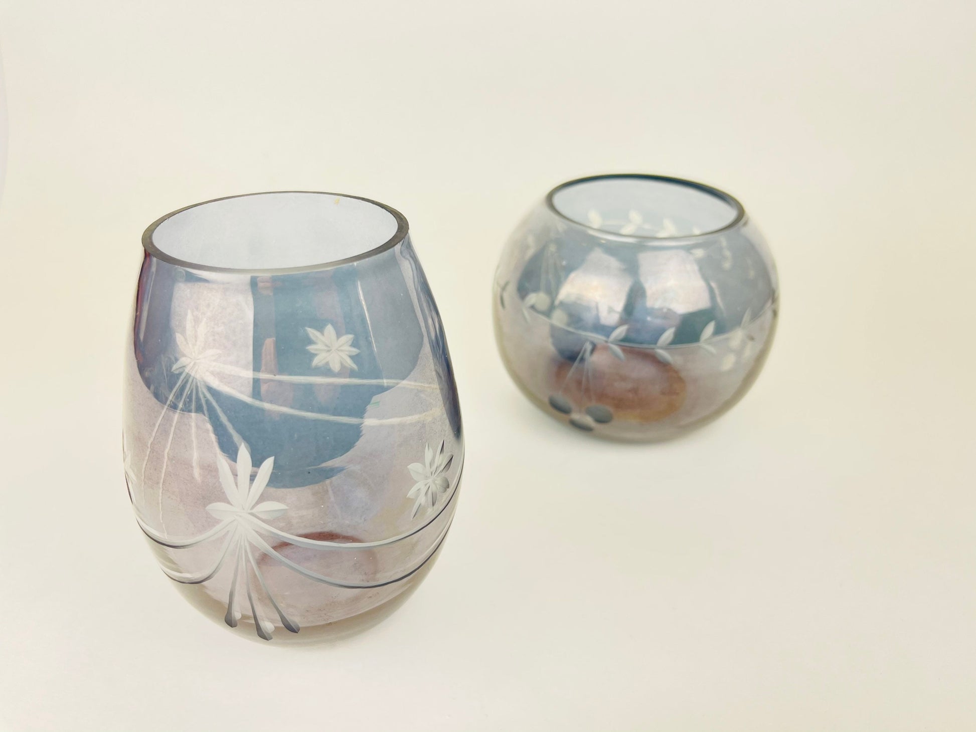 Product image for 'vintage smokey blue etched glass votive candle holder duo mid century elegance' (view d303ef)