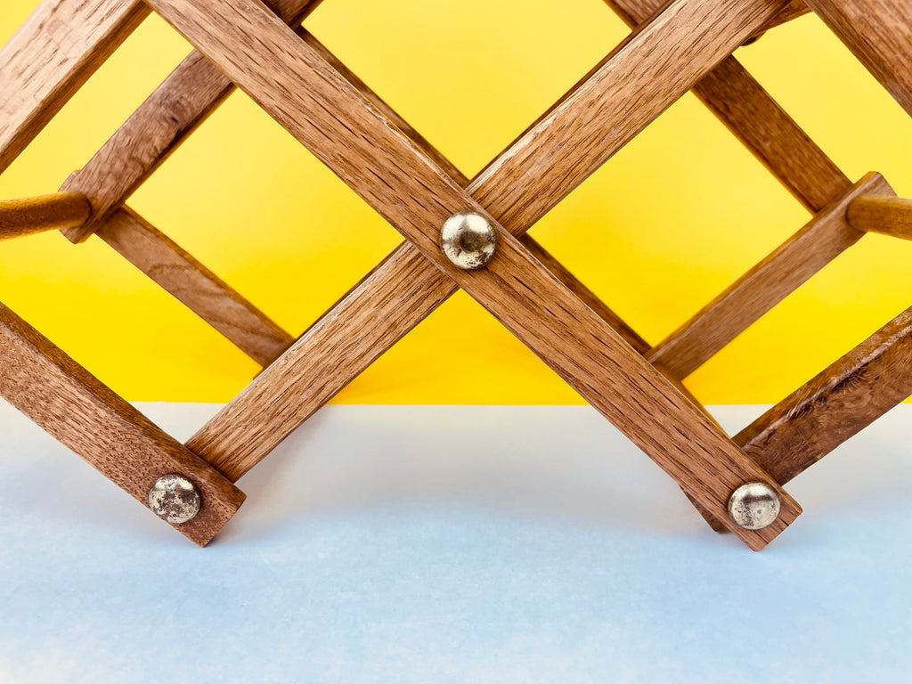 Product image for 'vintage 1970s collapsible wooden wine rack 5 bottle mid century barware' (view ba6213)