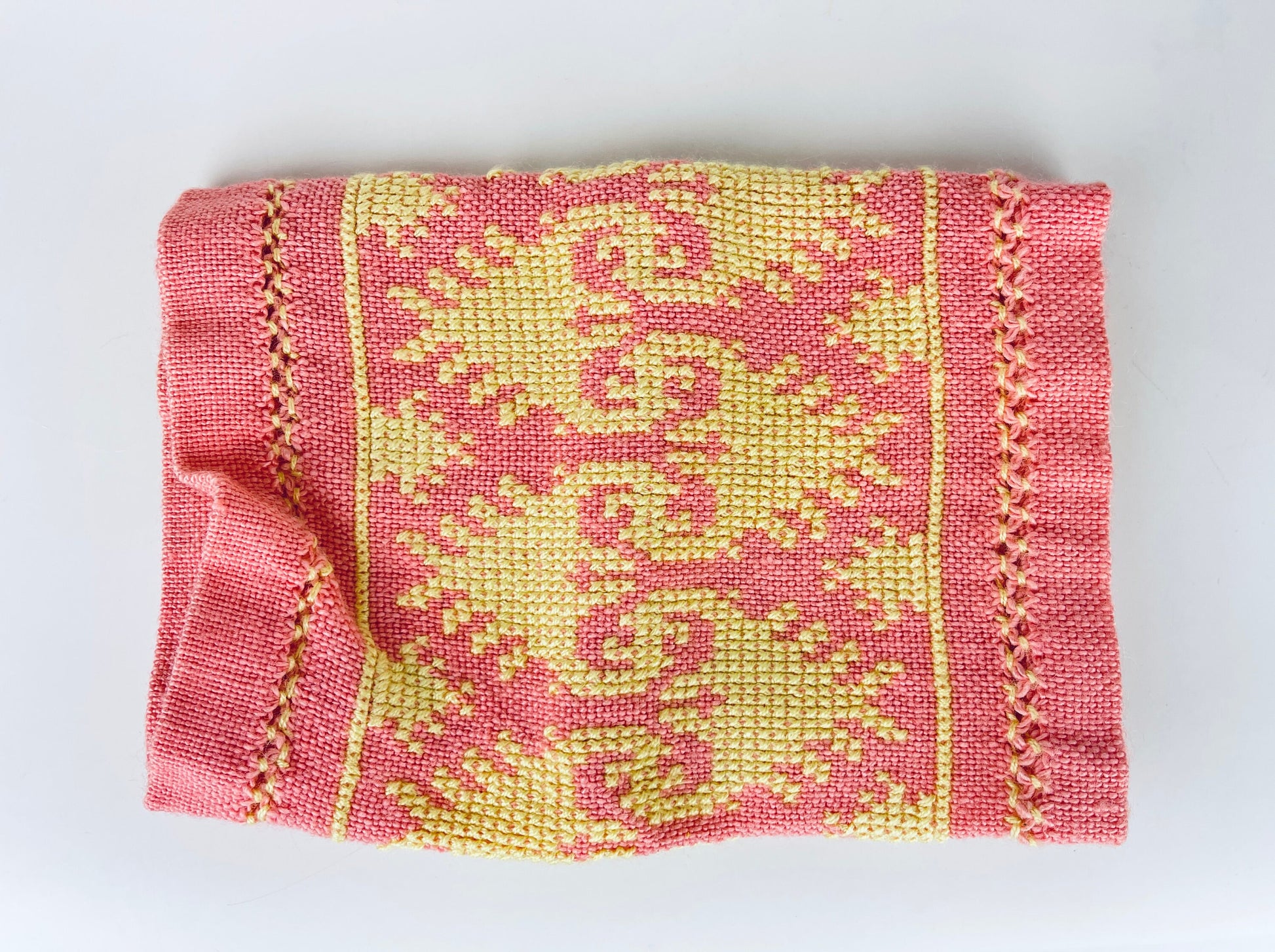 Product image for 'vintage pink yellow hand embroidered rectangular table runner geometric pattern' (view 1aeea4)