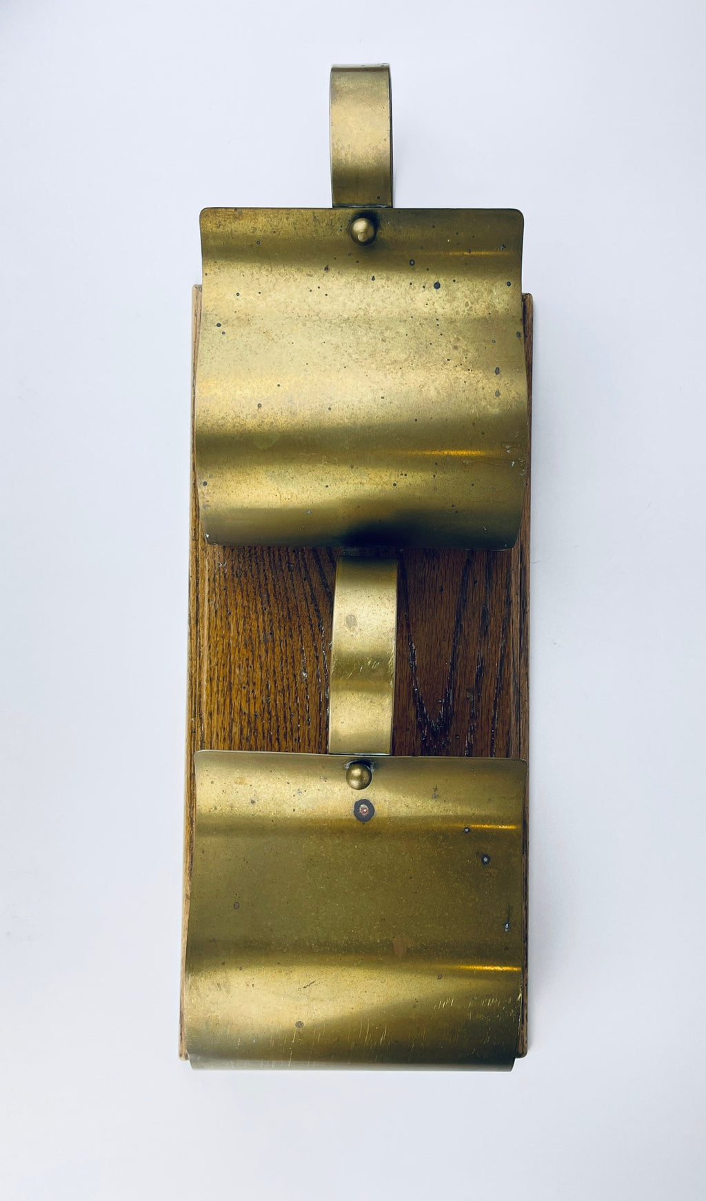 Product image for 'vintage oak wood brass wall mounted shelf organizer two large compartments attractive aged metal patina' (view be2fc7)